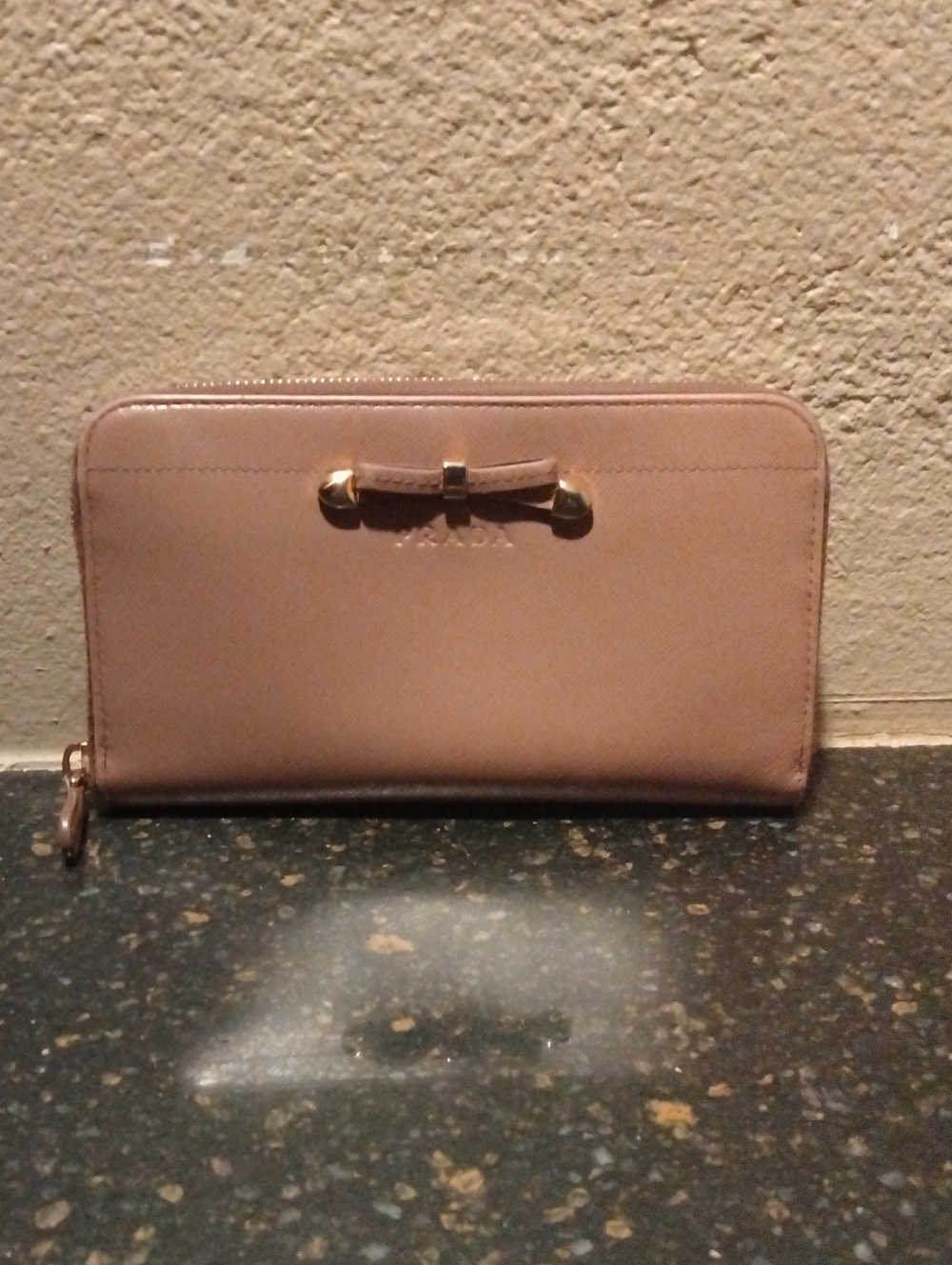 Prada Pink Saffiano Zip-Around Wallet with Bow Detail